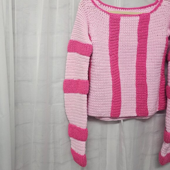 Handmade Pink Sweater Striped Colorblock Knit Pullover S/M - Picture 6 of 12